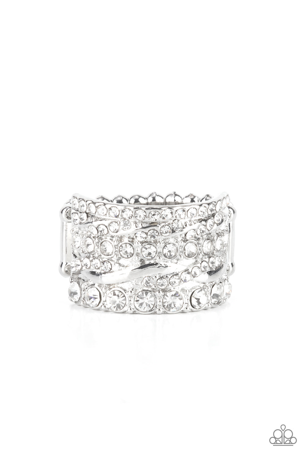 Exclusive Elegance - White Item #P4RE-WTXX-427XX Row after row of radiantly mismatched white rhinestones and glistening silver bands haphazardly stack across the finger, coalescing into a dramatic display of dazzle. Features a stretchy band for a flexible fit.  Sold as one individual ring.